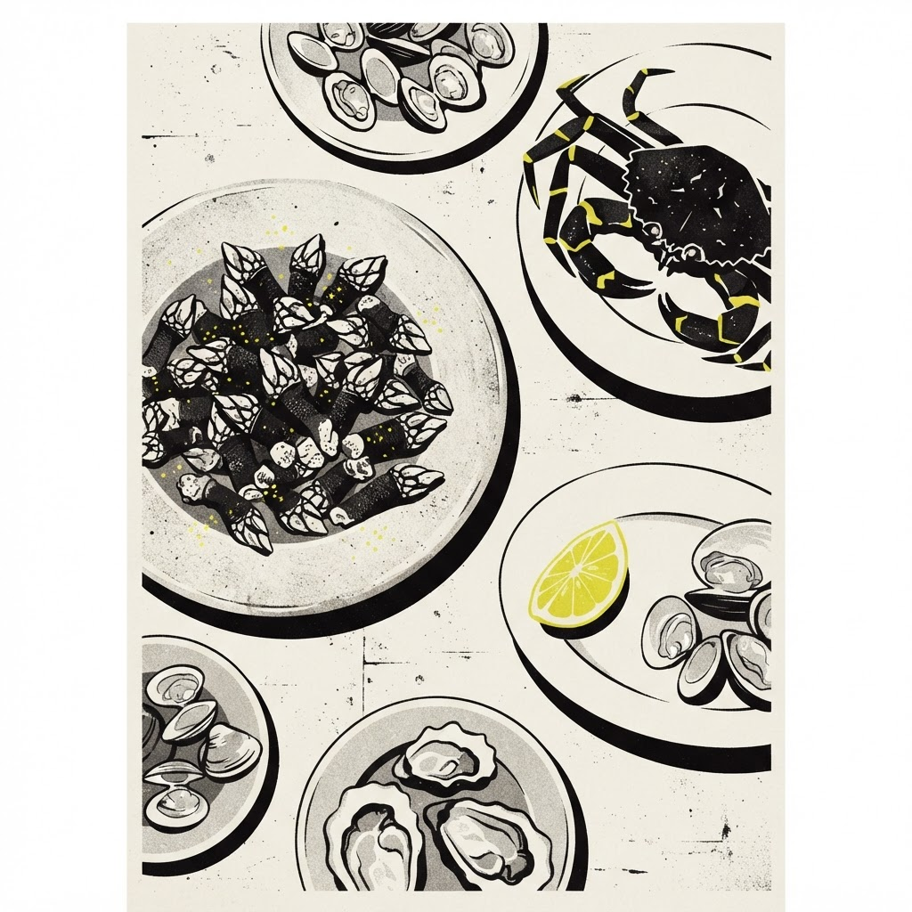 Editorial duotone illustration of a Galician mariscada: an overhead table of Atlantic shellfish — goose barnacles, spider crab, clams and oysters.