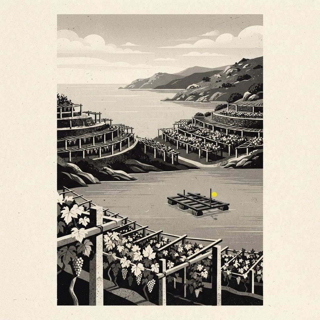 Editorial duotone illustration of Rías Baixas: albariño vineyard terraces meeting a calm Atlantic estuary with a wooden mussel raft.